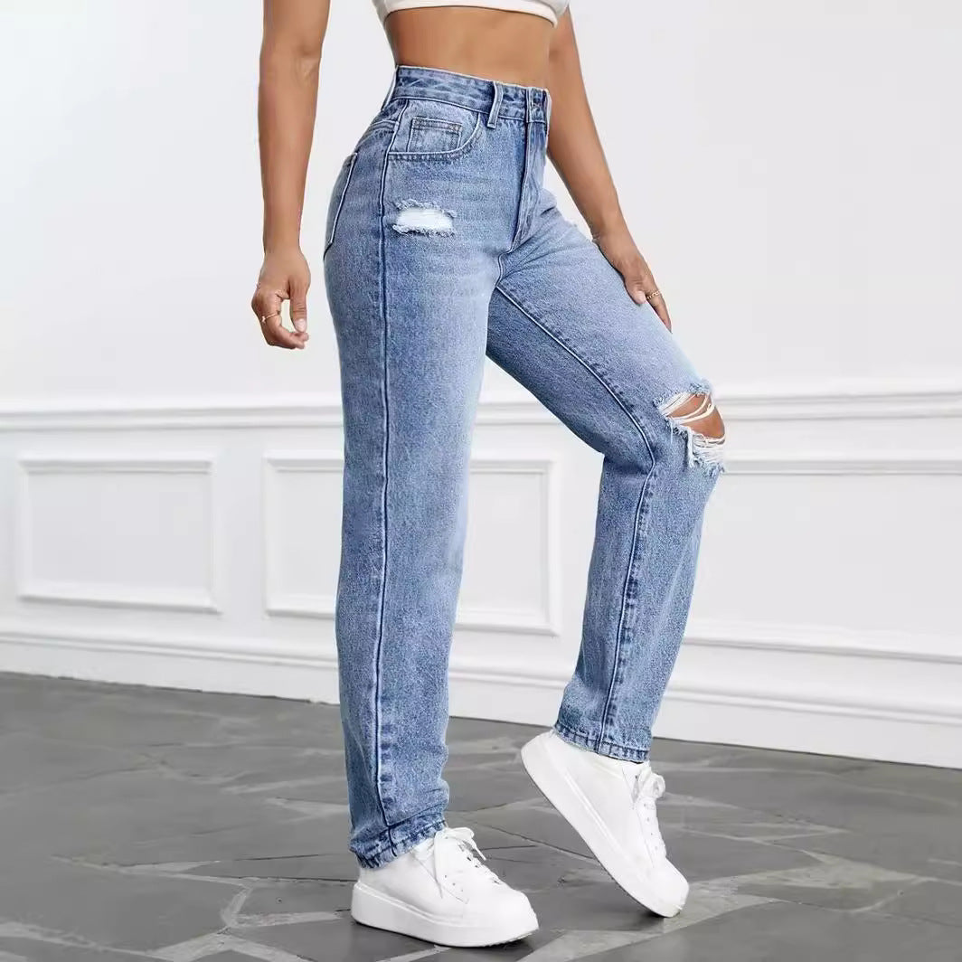 High-Waisted Ripped Jeans with Straight Cut