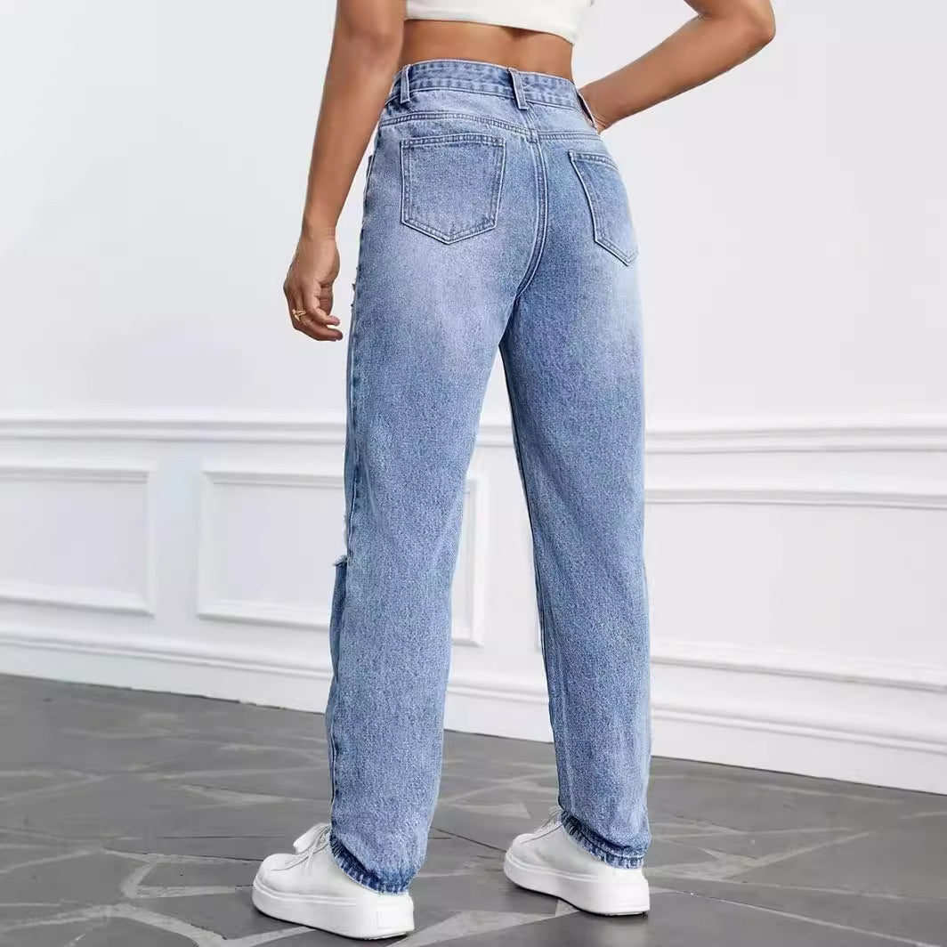 High-Waisted Ripped Jeans with Straight Cut