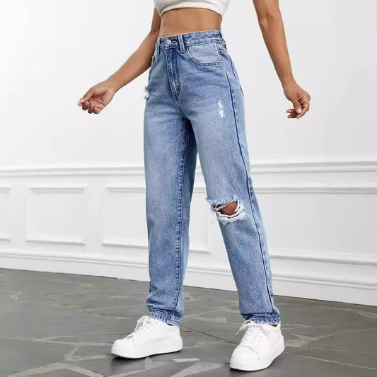 High-Waisted Ripped Jeans with Straight Cut