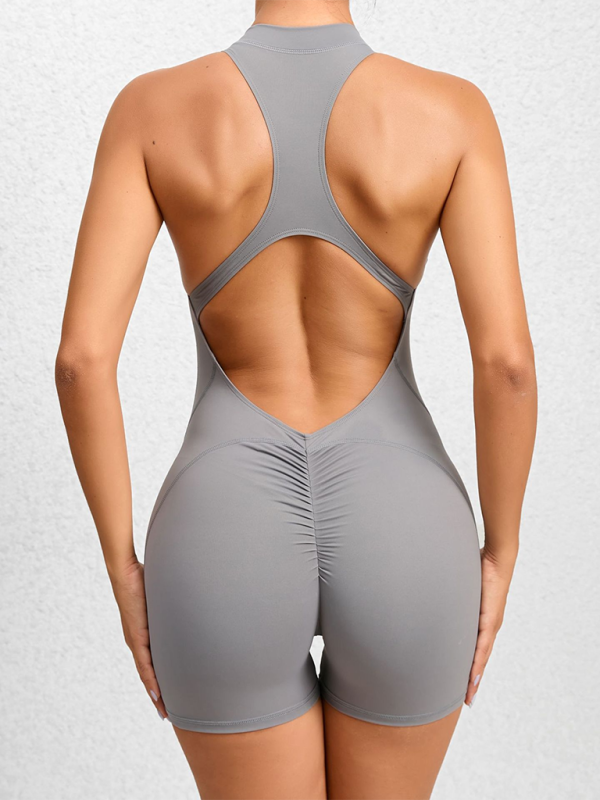 One-Piece Fitness Jumpsuit with Pleated Details, Fitted Yoga Pants with Zipper and Peach Accents, Quick-Drying